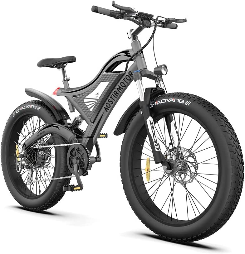 aostirmotor 750W Electric Bike for Adults 26×4 Fat Tire Electric Bike 48V 15AH Adult Electric Bicycles, Full Suspension 28MPH E Bike for Adults